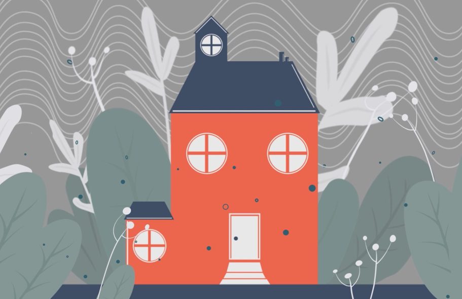 Eine stilisierte rote Hausillustration mit runden Fenstern und umliegenden Pflanzen. Unterwasserwelt.