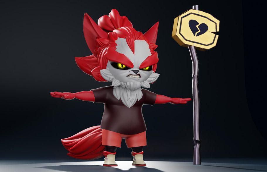 Eine fuchsartige 3D Figur mit rotem Haar, in sportlicher Kleidung und einem Stock mit Herzsymbol.