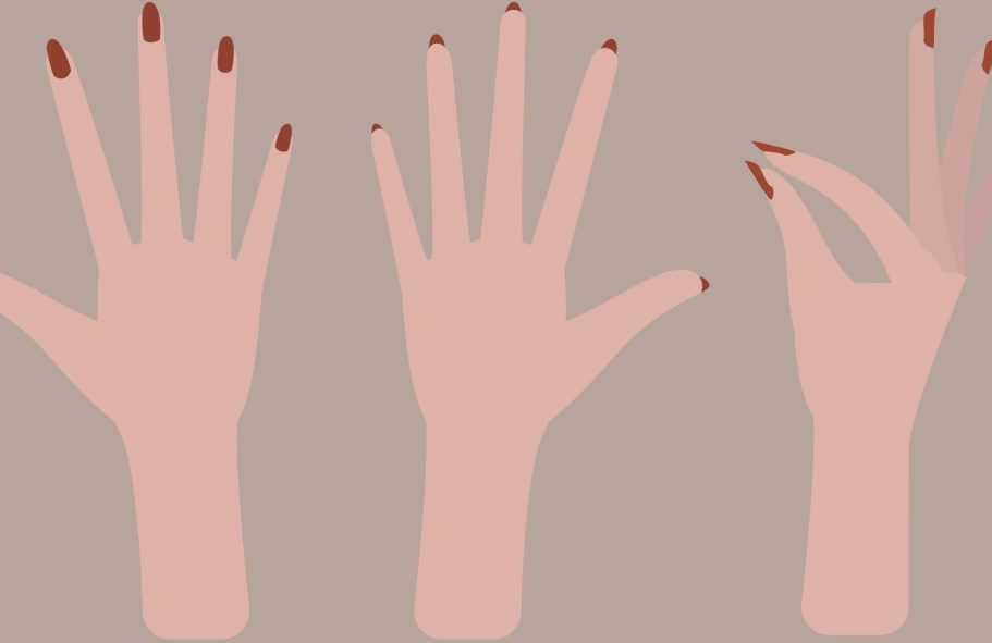 Drei illustrierte Hände mit rotem Nagellack, in verschiedenen Positionen dargestellt.